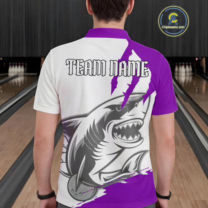 Custom White And Purple Shark Jerseys, Shark Bowling Team Men Polo Shirts Bowlers Outfit IPHW8988