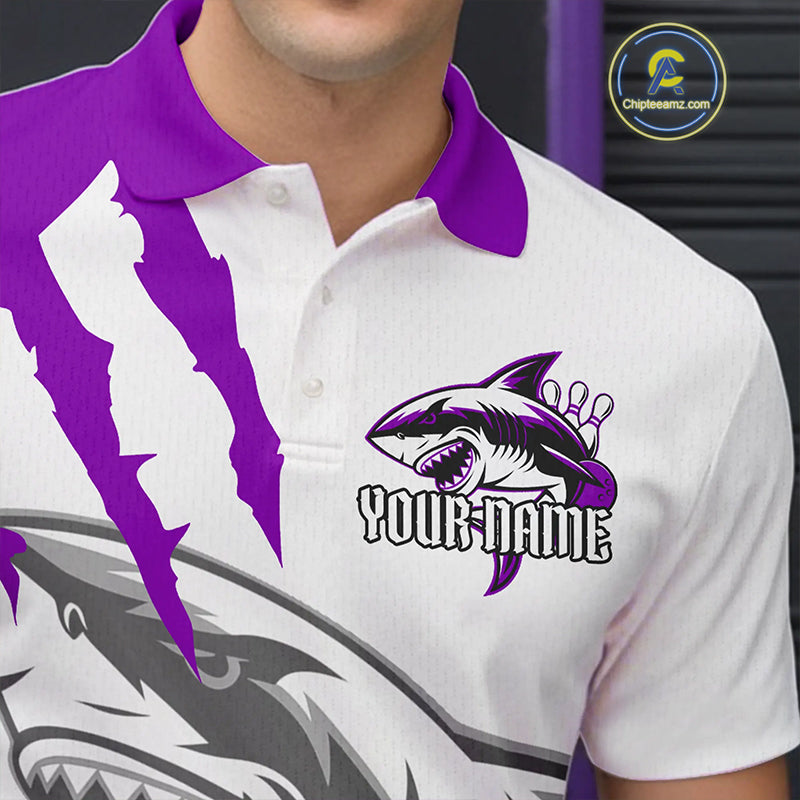 Custom White And Purple Shark Jerseys, Shark Bowling Team Men Polo Shirts Bowlers Outfit IPHW8988