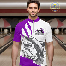 Load image into Gallery viewer, Custom White And Purple Shark Jerseys, Shark Bowling Team Men Quarter-Zip Shirts Bowlers Outfit IPHW8988