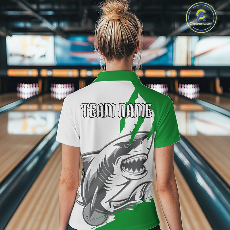Custom White And Green Shark Jerseys, Shark Bowling Team Women Polo Shirts Bowlers Outfit IPHW8989