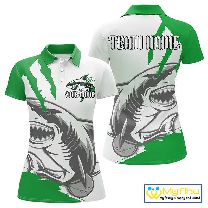 Custom White And Green Shark Jerseys, Shark Bowling Team Women Polo Shirts Bowlers Outfit IPHW8989