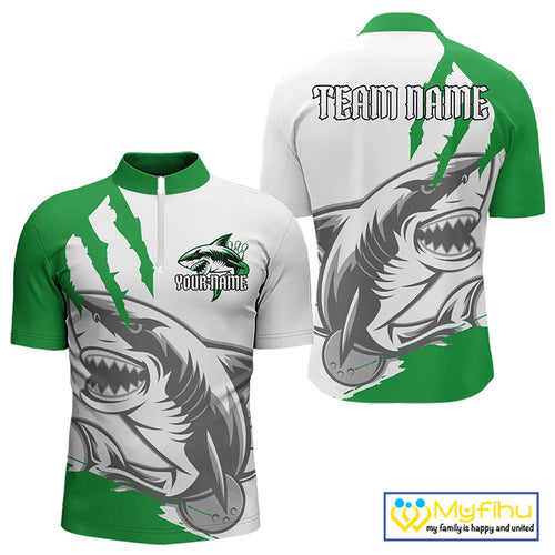 Custom White And Green Shark Jerseys, Shark Bowling Team Men Quarter-Zip Shirts Bowlers Outfit IPHW8989