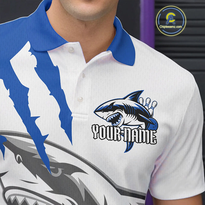 Custom White And Blue Shark Jerseys, Shark Bowling Team Men Polo Shirts Bowlers Outfit IPHW8990
