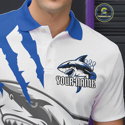 Custom White And Blue Shark Jerseys, Shark Bowling Team Men Polo Shirts Bowlers Outfit IPHW8990