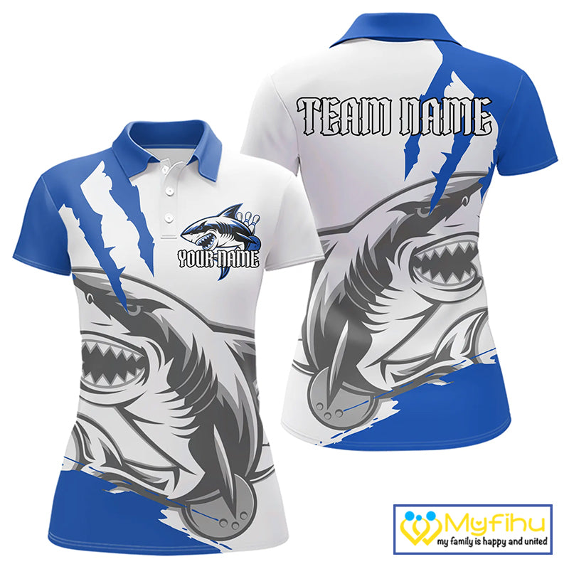 Custom White And Blue Shark Jerseys, Shark Bowling Team Women Polo Shirts Bowlers Outfit IPHW8990