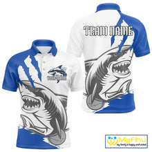 Load image into Gallery viewer, Custom White And Blue Shark Jerseys, Shark Bowling Team Men Polo Shirts Bowlers Outfit IPHW8990