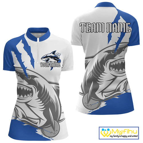 Custom White And Blue Shark Jerseys, Bowling Team Women Quarter-Zip Shirts Bowlers Outfit IPHW8990