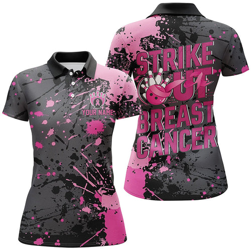 Strike Out Breast Cancer Pink Ribbon Custom Breast Cancer Ladies Bowling Shirt IPHW7048