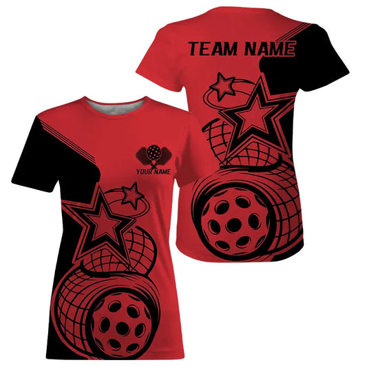 Black And Red Custom Pickleball Star Pickleball T-Shirts For Women, Pickleball Apparel Team Outfits IPHW7833