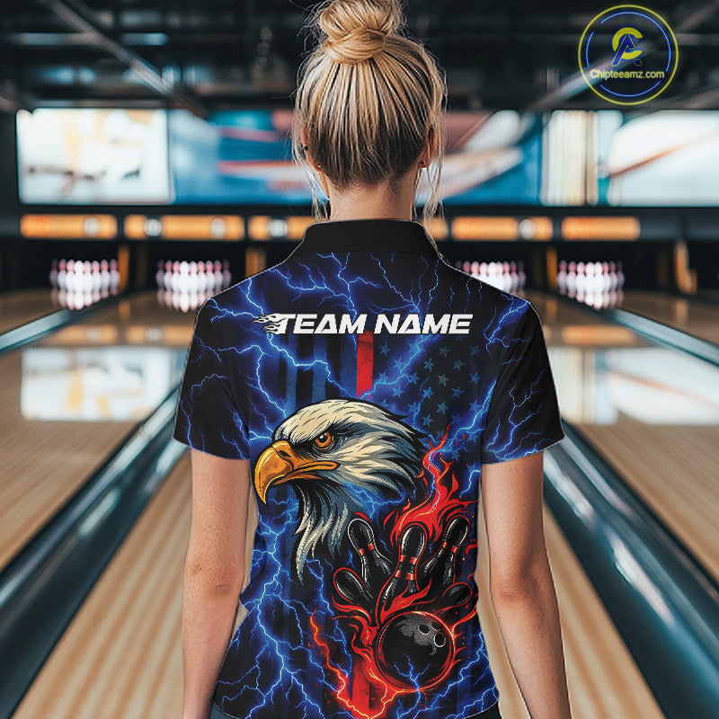 Custom Red And Blue Lightning Flame Eagle Women Bowling Shirt, Patriotic US Team Shirt IPHW10171