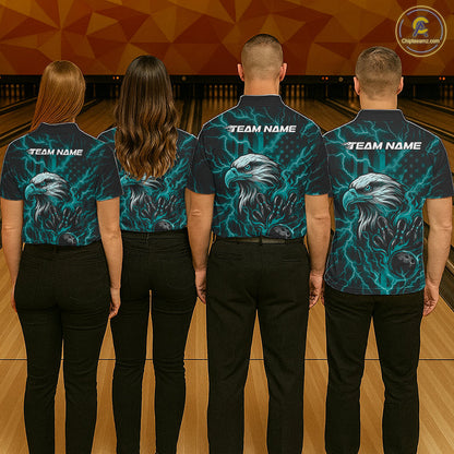 Custom Turquoise Blue Lightning Flame Eagle Men Bowling Shirt, Patriotic US Team Shirt IPHW10172