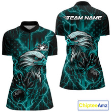 Load image into Gallery viewer, Custom Turquoise Blue Lightning Flame Eagle Women Bowling Shirt, Patriotic US Team Shirt IPHW10172