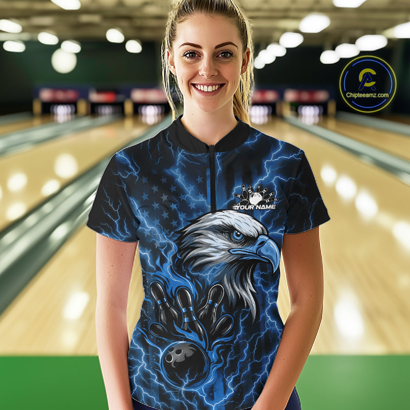 Custom Mid Blue Lightning Flame Eagle Women Bowling Shirt, Patriotic US Team Shirt IPHW10173