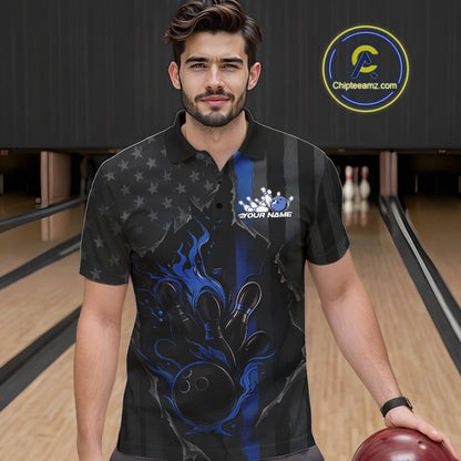 Custom Blue Thin Line American Flag Patriotic Flame Bowling Team Men Polo Shirts IPHW10180