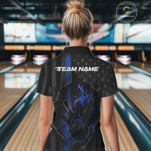Load image into Gallery viewer, Custom Blue Thin Line American Flag Patriotic Flame Bowling Team Women Polo Shirts IPHW10180