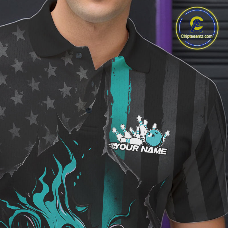 Custom Turquoise Blue Thin Line American Flag Patriotic Flame Bowling Team Men Polo Shirts IPHW10181