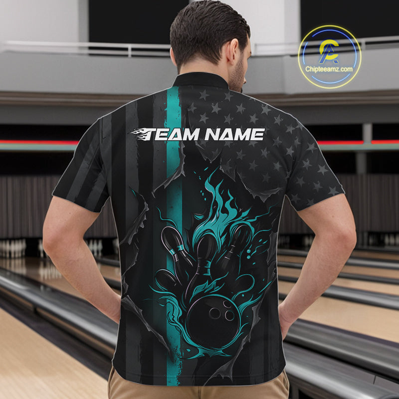 Custom Turquoise Blue Thin Line American Flag Patriotic Flame Bowling Team Men Quarter-Zip Shirt IPHW10181