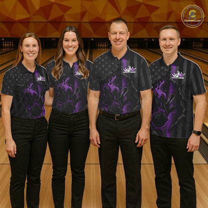 Custom Purple Thin Line American Flag Patriotic Flame Bowling Team Men Polo Shirts IPHW10183