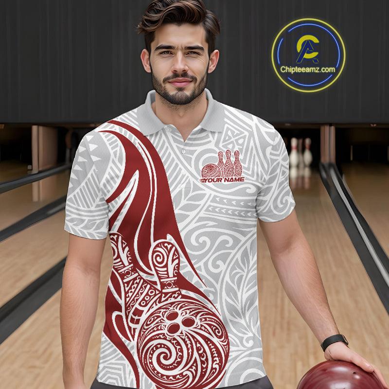 Custom Red Polynesian Tribal Bowling Men Polo Shirt, Maori Style Bowling Shirt IPHW10337