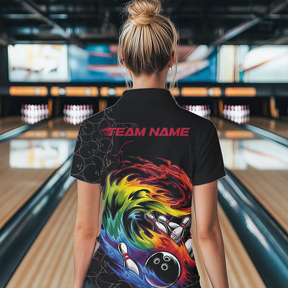 Custom Rainbow Flame Bowling Team Polo Shirts For Women, Colorful Bowling League Shirt IPHW8740