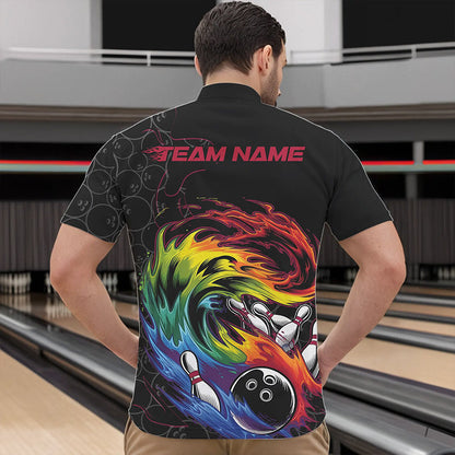 Custom Rainbow Flame Bowling Team Quarter-Zip Shirts For Men, Colorful Bowling League Shirt IPHW8740