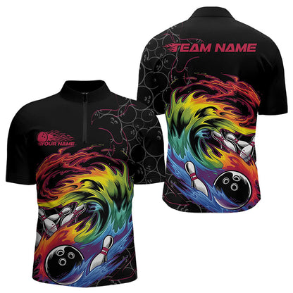 Custom Rainbow Flame Bowling Team Quarter-Zip Shirts For Men, Colorful Bowling League Shirt IPHW8740