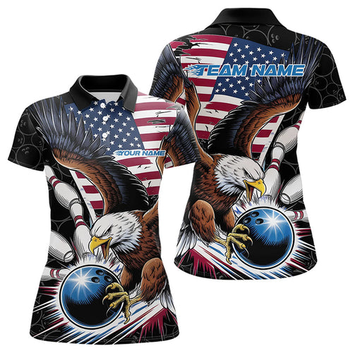 Custom American Flag Eagle Bowling Team Women Polo Shirt, Patriotic US Bowling League Shirt IPHW8752