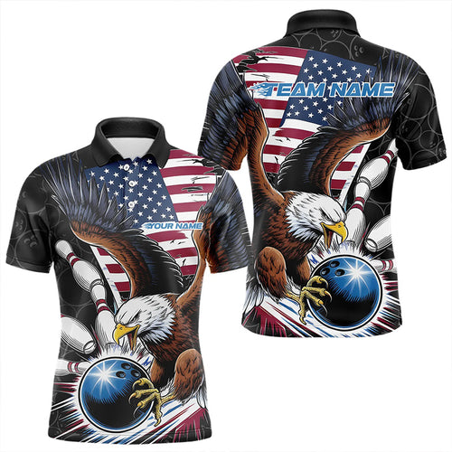 Custom American Flag Eagle Bowling Team Men Polo Shirts, Patriotic US Bowling League Shirt IPHW8752