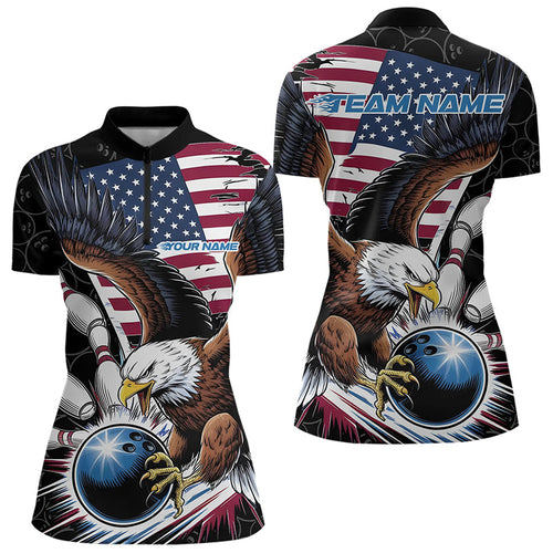 Custom American Flag Eagle Bowling Team Women Quarter-Zip Shirts, US Bowling League Shirt IPHW8752