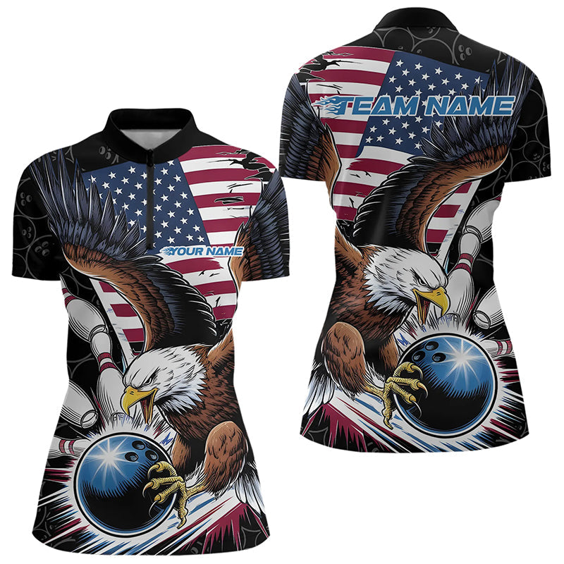 Custom American Flag Eagle Bowling Team Women Quarter-Zip Shirts, US Bowling League Shirt IPHW8752