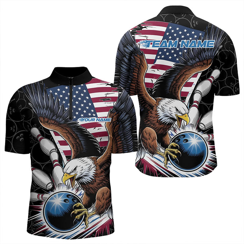 Custom American Flag Eagle Bowling Team Men Quarter-Zip Shirts, Patriotic US Bowling League Shirt IPHW8752