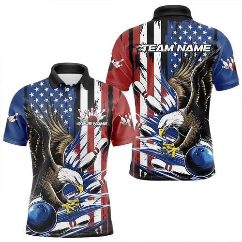 Custom American Flag Eagle Bowling Team Men Polo Shirts, Patriotic US Bowling League Shirt IPHW8753