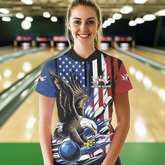 Custom American Flag Eagle Bowling Team Women Quarter-Zip Shirts, US Bowling League Shirt IPHW8753