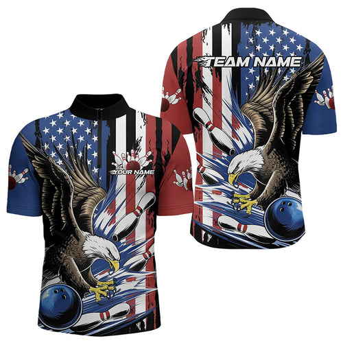 Custom American Flag Eagle Bowling Team Men Quarter-Zip Shirts, Patriotic US Bowling League Shirt IPHW8753