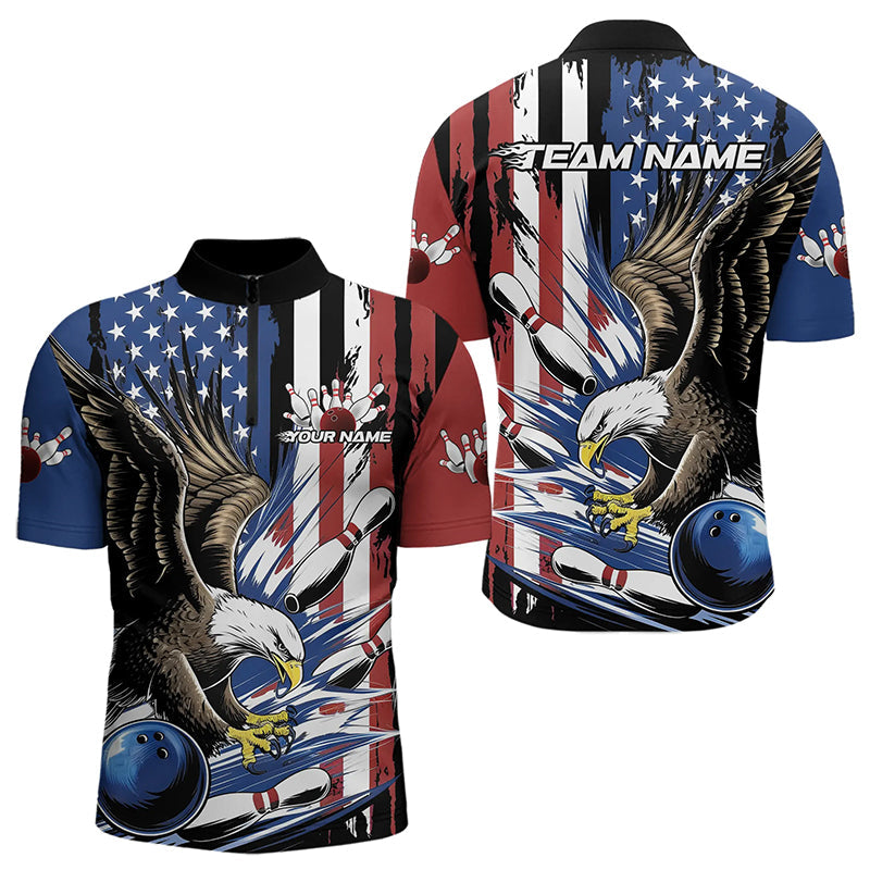 Custom American Flag Eagle Bowling Team Men Quarter-Zip Shirts, Patriotic US Bowling League Shirt IPHW8753