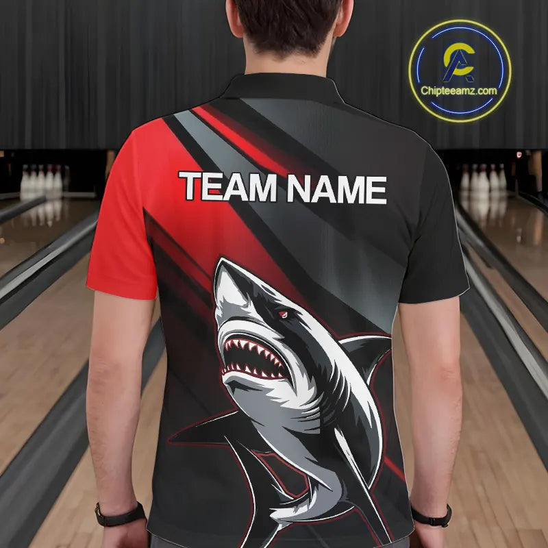 Custom Black And Red Shark Bowling Jerseys, Bowling Team Uniform Shark Men Polo Shirts IPHW8999