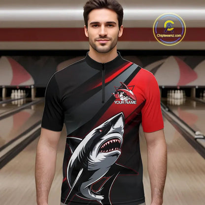 Custom Black And Red Shark Bowling Jerseys, Bowling Team Uniform Shark Men Quarter-Zip Shirts IPHW8999
