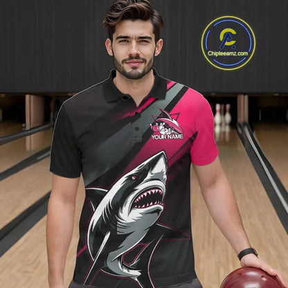Custom Black And Pink Shark Bowling Jerseys, Bowling Team Uniform Shark Men Polo Shirts IPHW9001