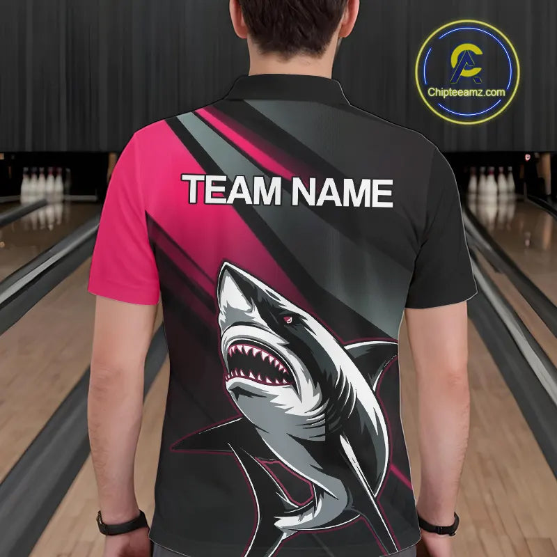Custom Black And Pink Shark Bowling Jerseys, Bowling Team Uniform Shark Men Polo Shirts IPHW9001