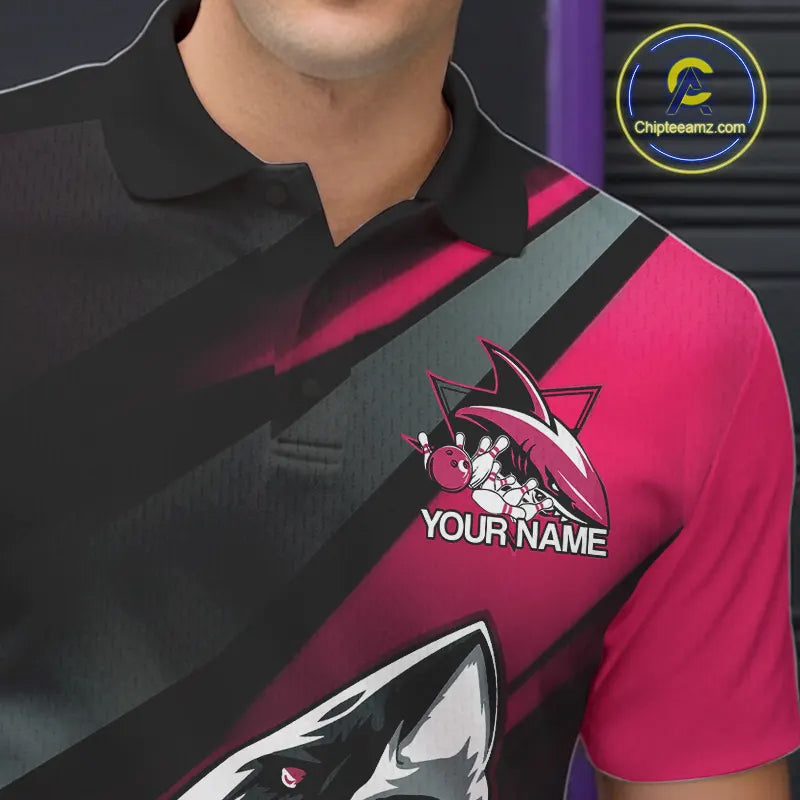 Custom Black And Pink Shark Bowling Jerseys, Bowling Team Uniform Shark Men Polo Shirts IPHW9001