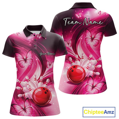 Front and back womens pink bowling polo mockup featuring a bowling ball striking pins with butterfly details.