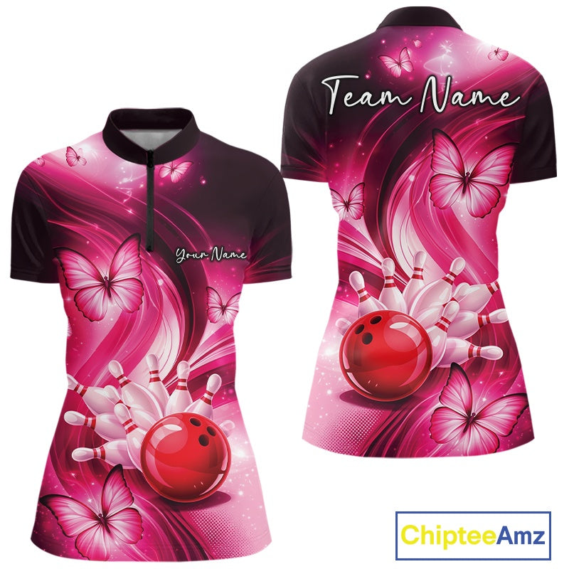 Front and back pink womens bowling quarter-zip featuring a bowling ball knocking down pins with butterfly accents.