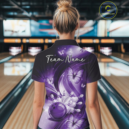 Back view of a purple bowling quarter-zip displaying bowling-themed graphics and butterfly details.