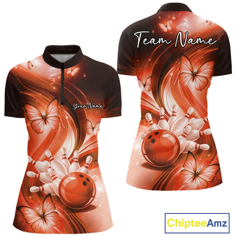Front and back womens orange bowling quarter-zip featuring a bowling ball striking pins surrounded by butterfly artwork.