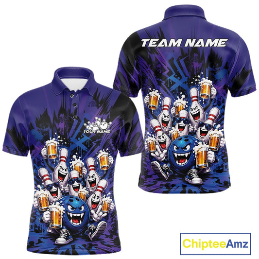 Front and back view of a blue and purple men's bowling polo shirt featuring funny bowling pins and a bowling ball holding frothy beer mugs in a playful bowling-themed illustration.