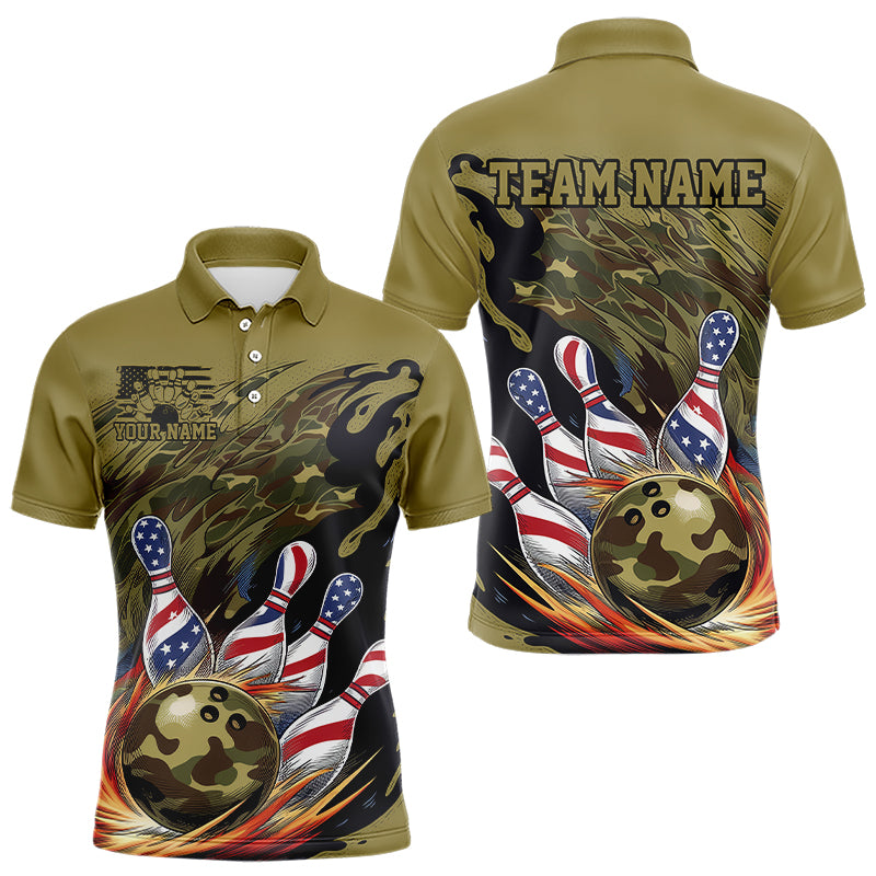 Custom Military Camo Bowling Polo Shirts For Men, Patriotic US Flag Bowling Team Shirt IPHW8039