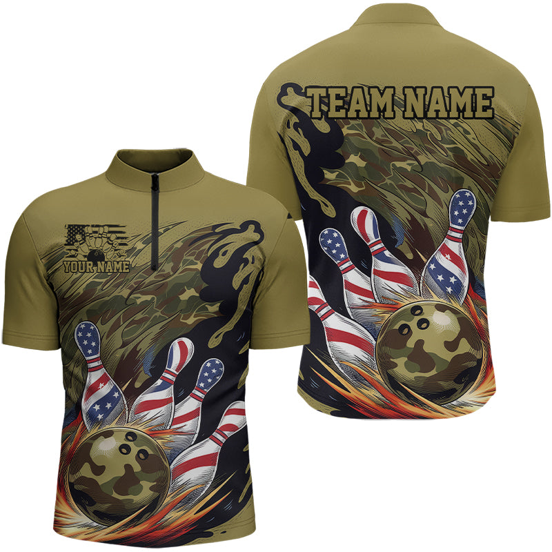 Custom Military Camo Bowling Quarter-Zip Shirts For Men, Patriotic US Flag Bowling Team Shirt IPHW8039