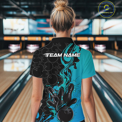 Custom Black And Blue Fire Flame Bowling Women Quarter-Zip Shirts, Bowling League Shirt IPHW10186