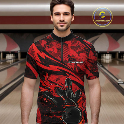 Custom Red Camo Flame Bowling Men Quarter-Zip Shirts, Camouflage Bowling Team Jerseys IPHW10344