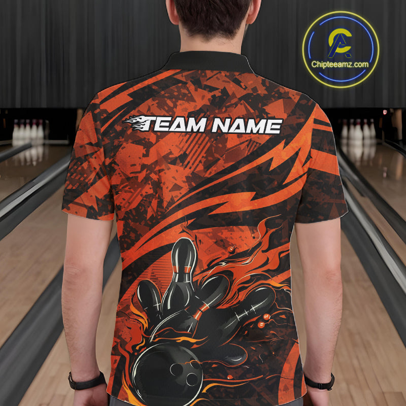 Custom Orange Camo Flame Bowling Men Polo Shirts, Camouflage Bowling Team Jerseys IPHW10347